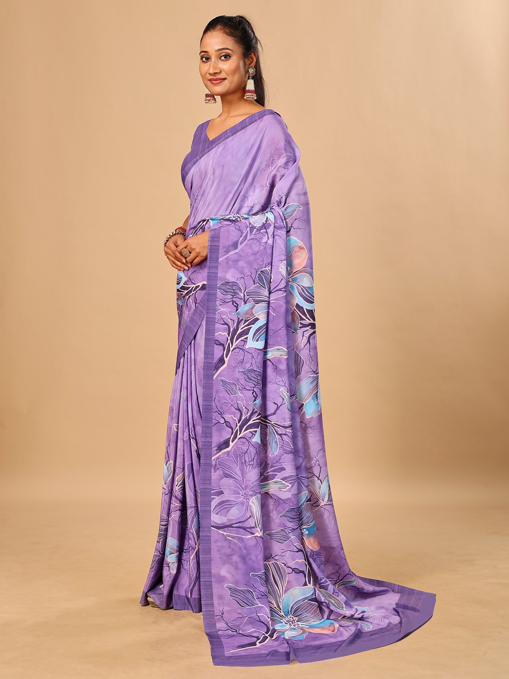 Lilac Butter Crepe Saree with Floral Digital Prints