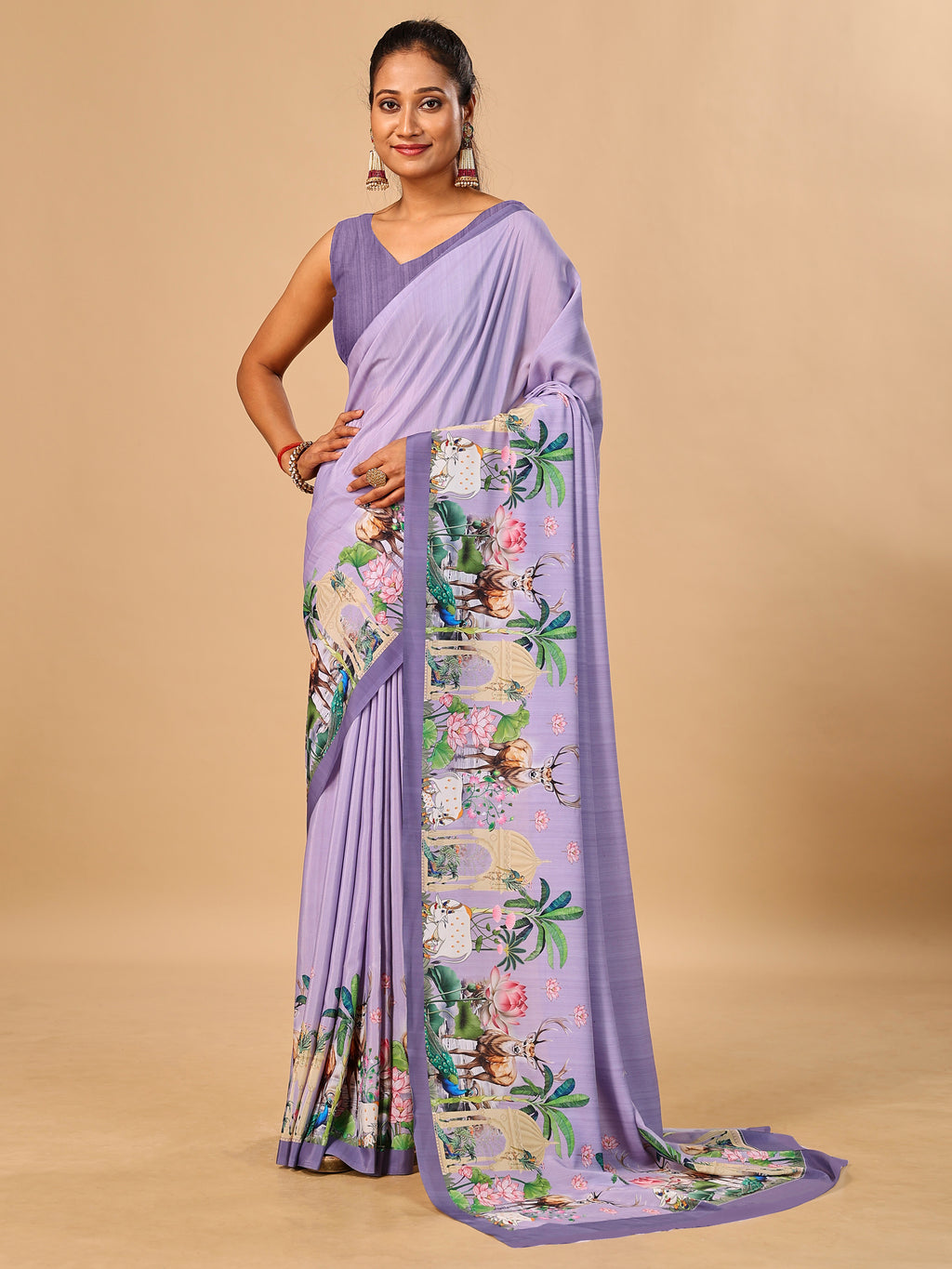 Lavender Butter Crepe Saree with Animal Digital Prints