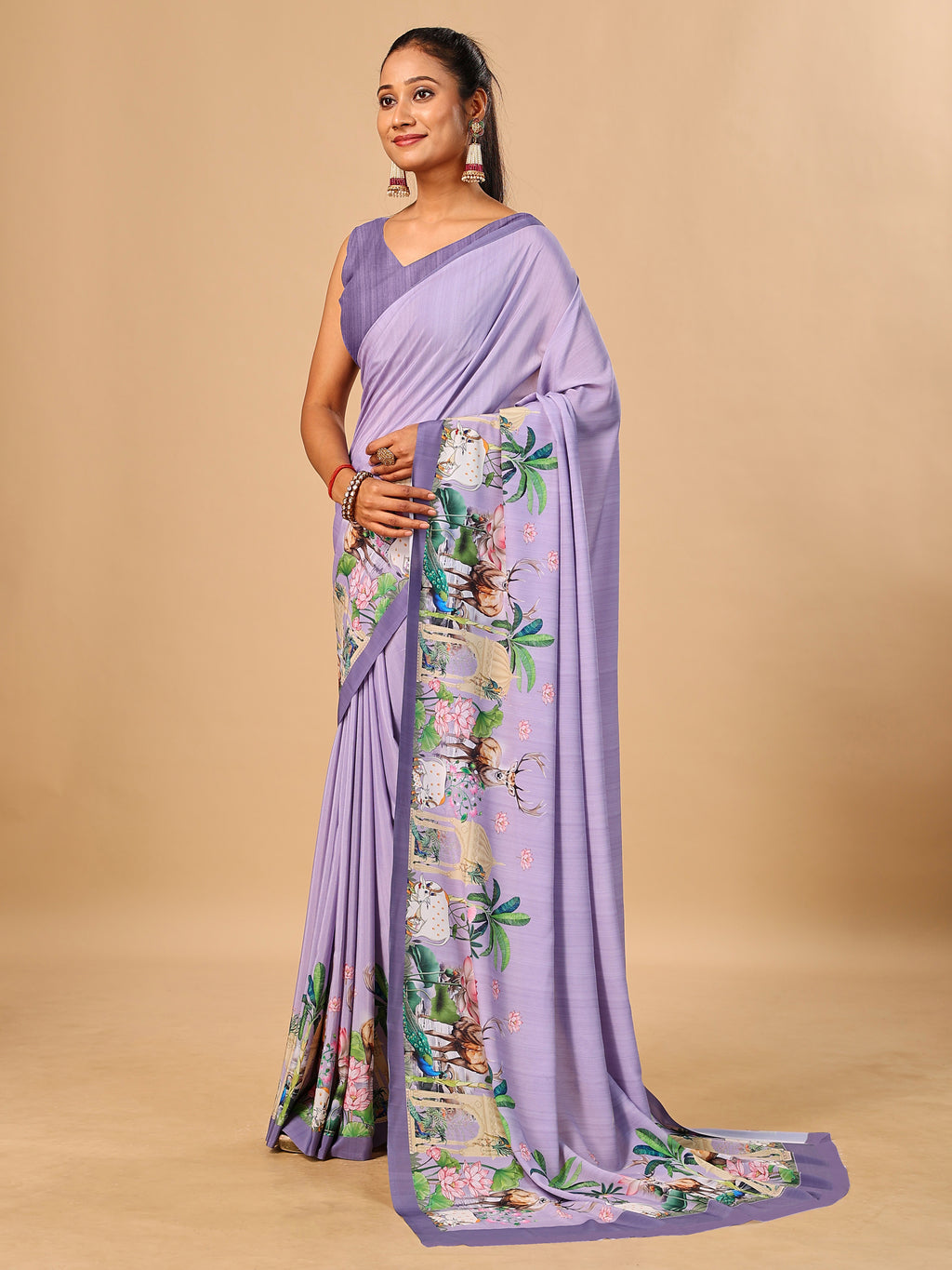 Lavender Butter Crepe Saree with Animal Digital Prints
