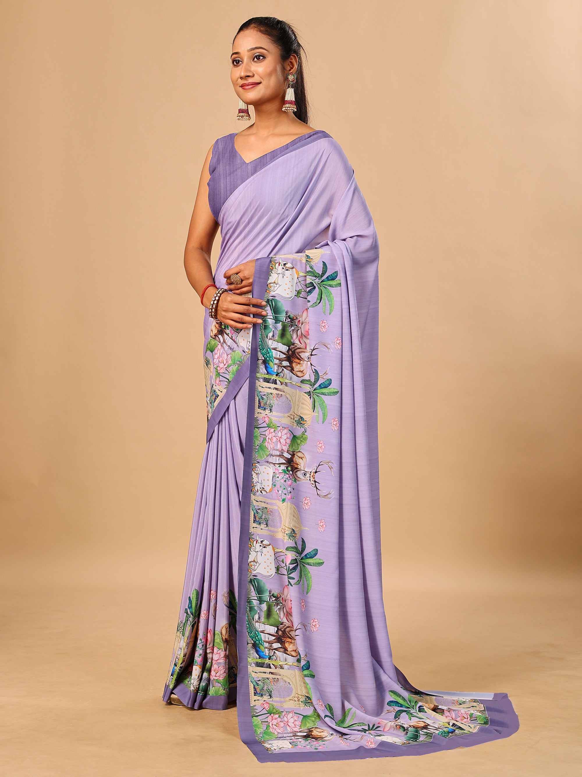 Lavender Butter Crepe Saree with Animal Digital Prints