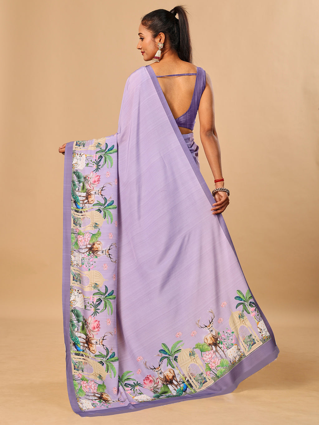 Lavender Butter Crepe Saree with Animal Digital Prints