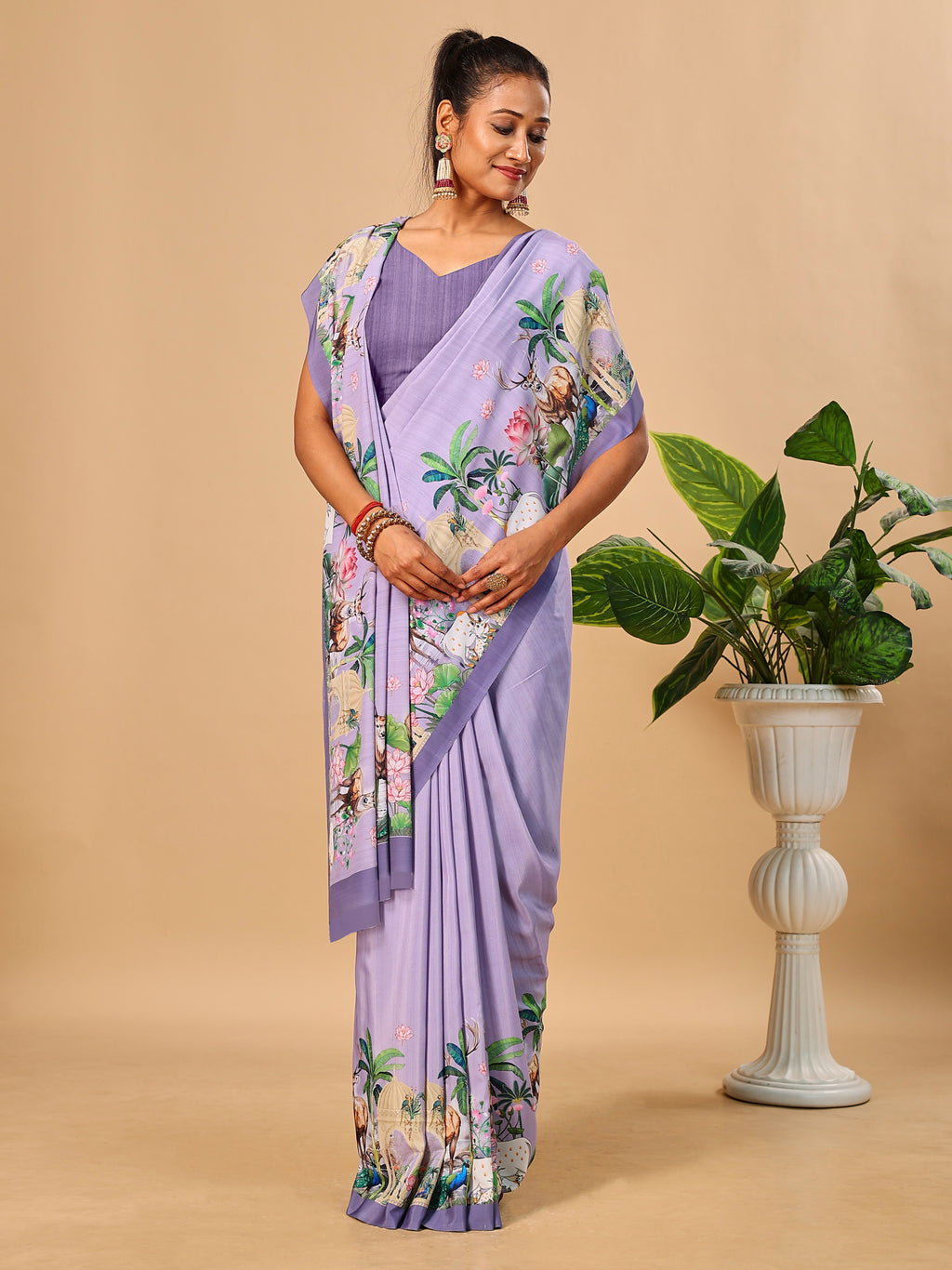 Lavender Butter Crepe Saree with Animal Digital Prints