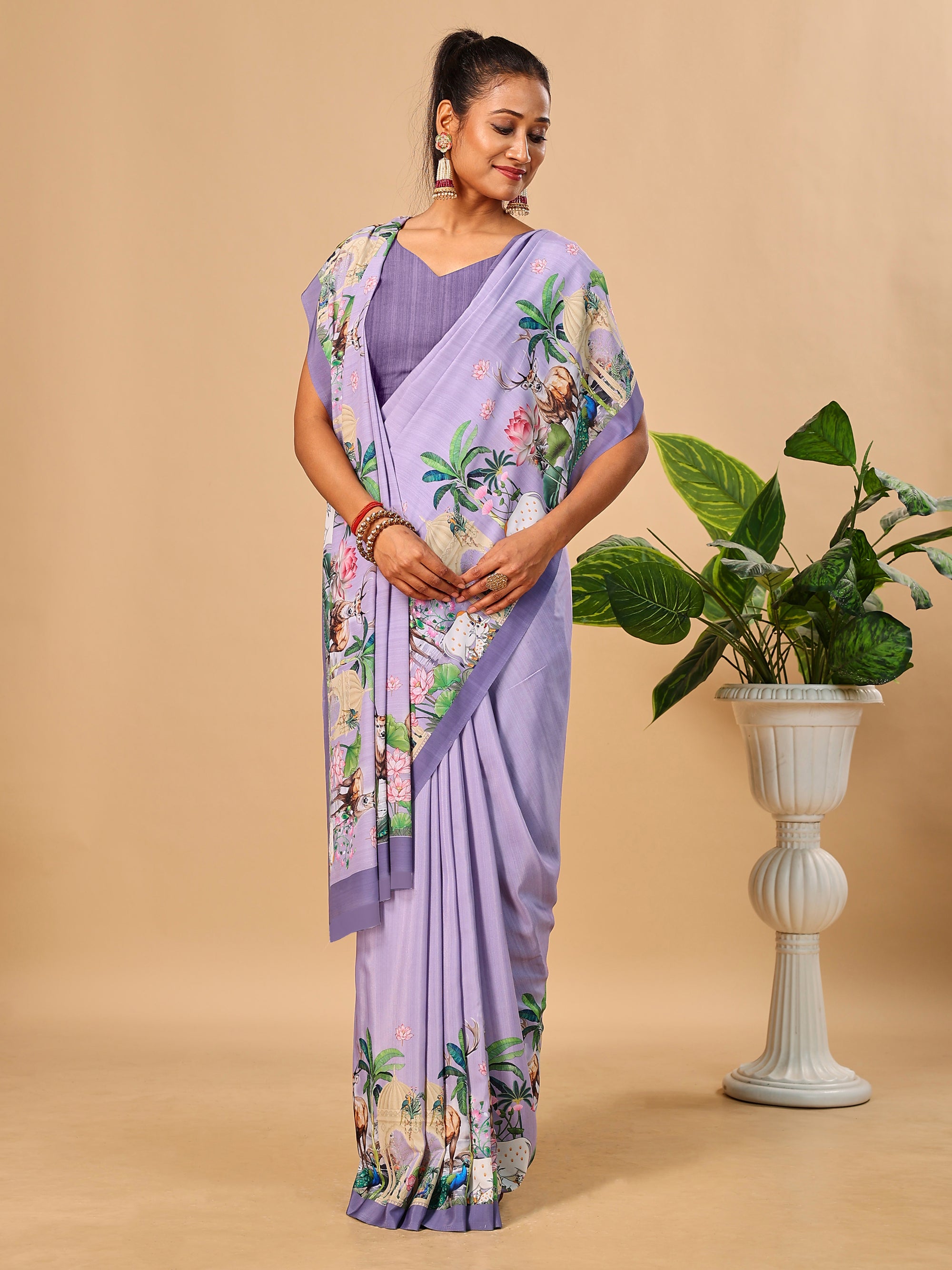 Lavender Butter Crepe Saree with Animal Digital Prints