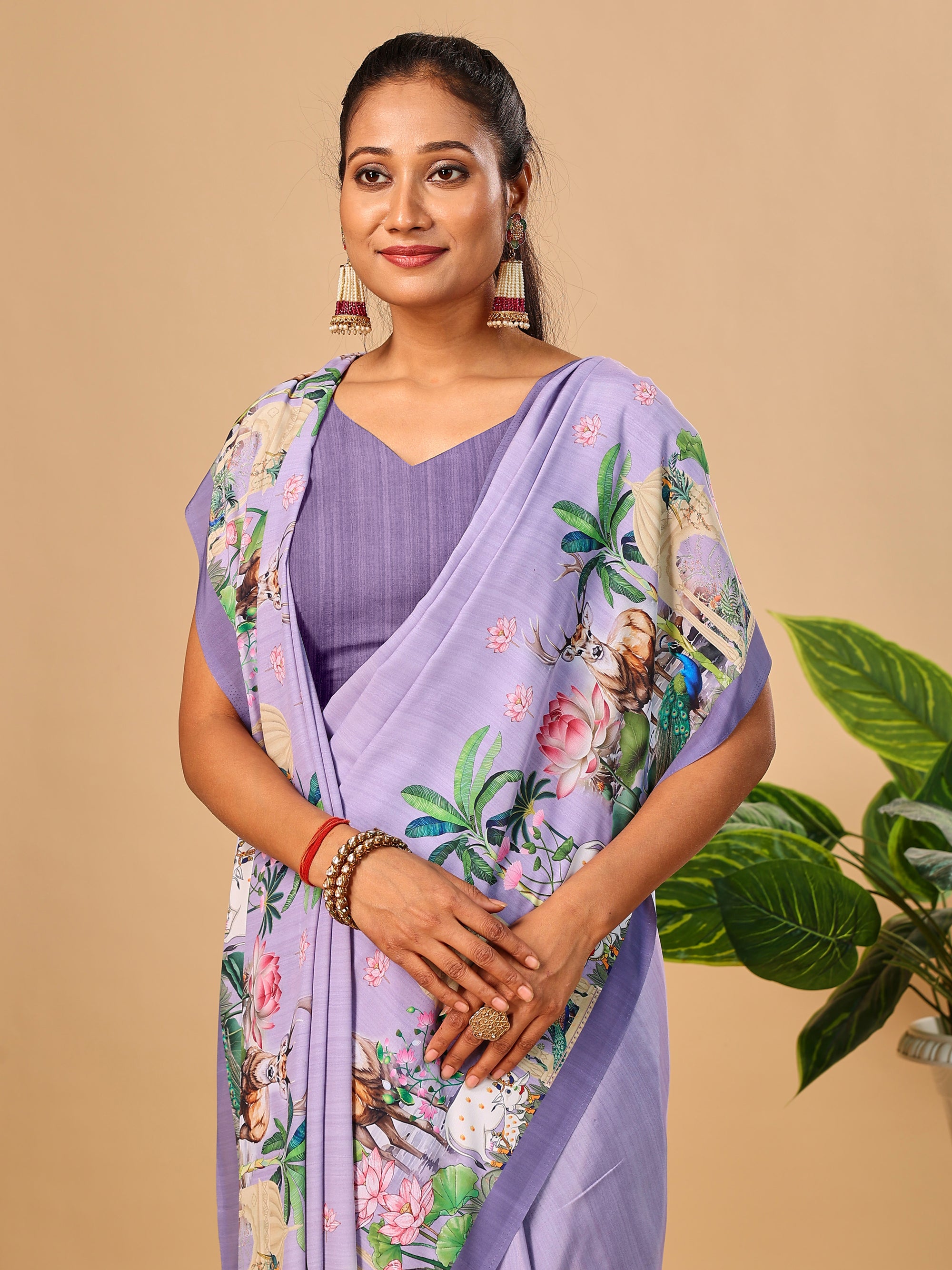 Lavender Butter Crepe Saree with Animal Digital Prints