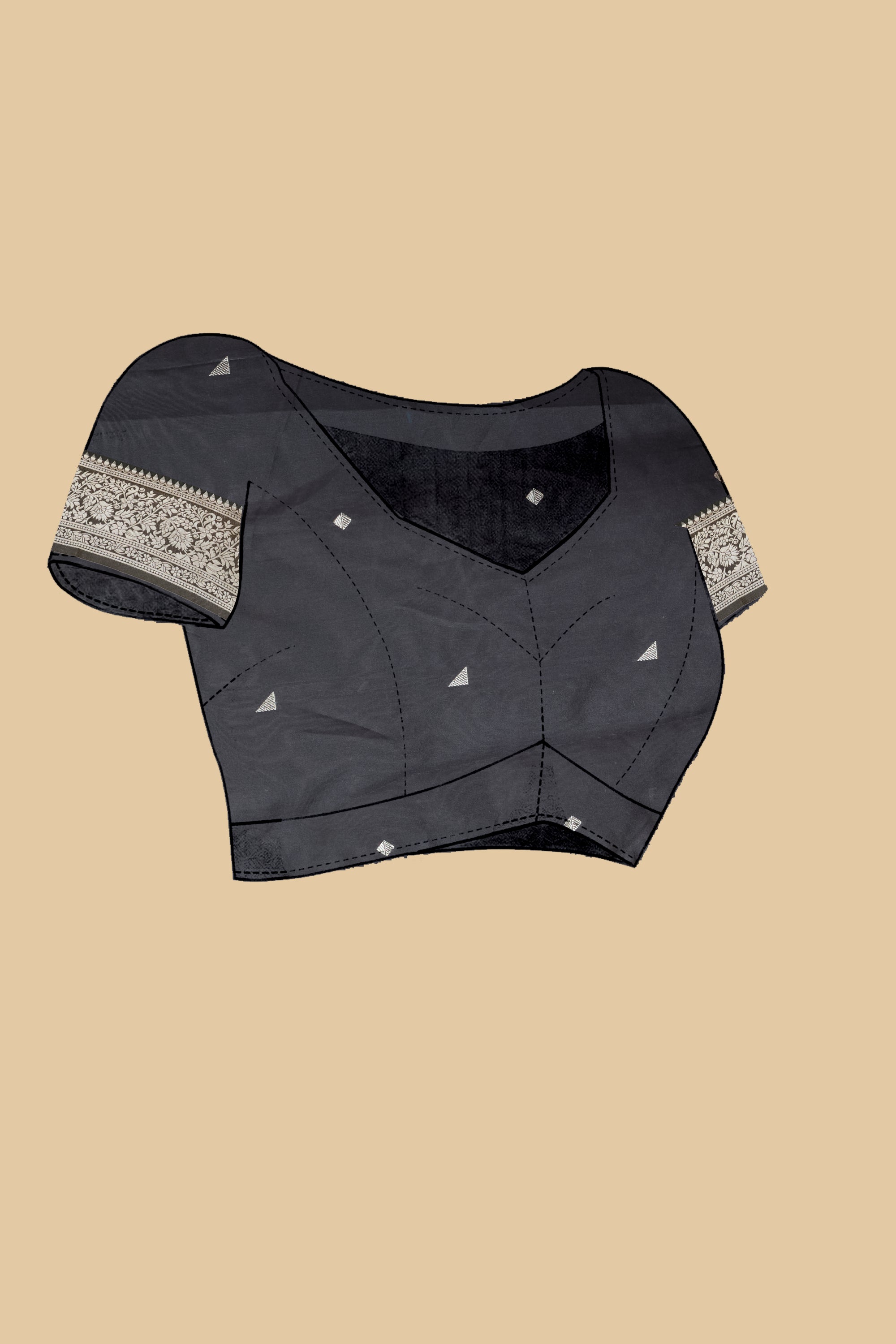 Black Soft Litchi Silk Saree with Silver Zari Tree Motifs & Tassel Pallu
