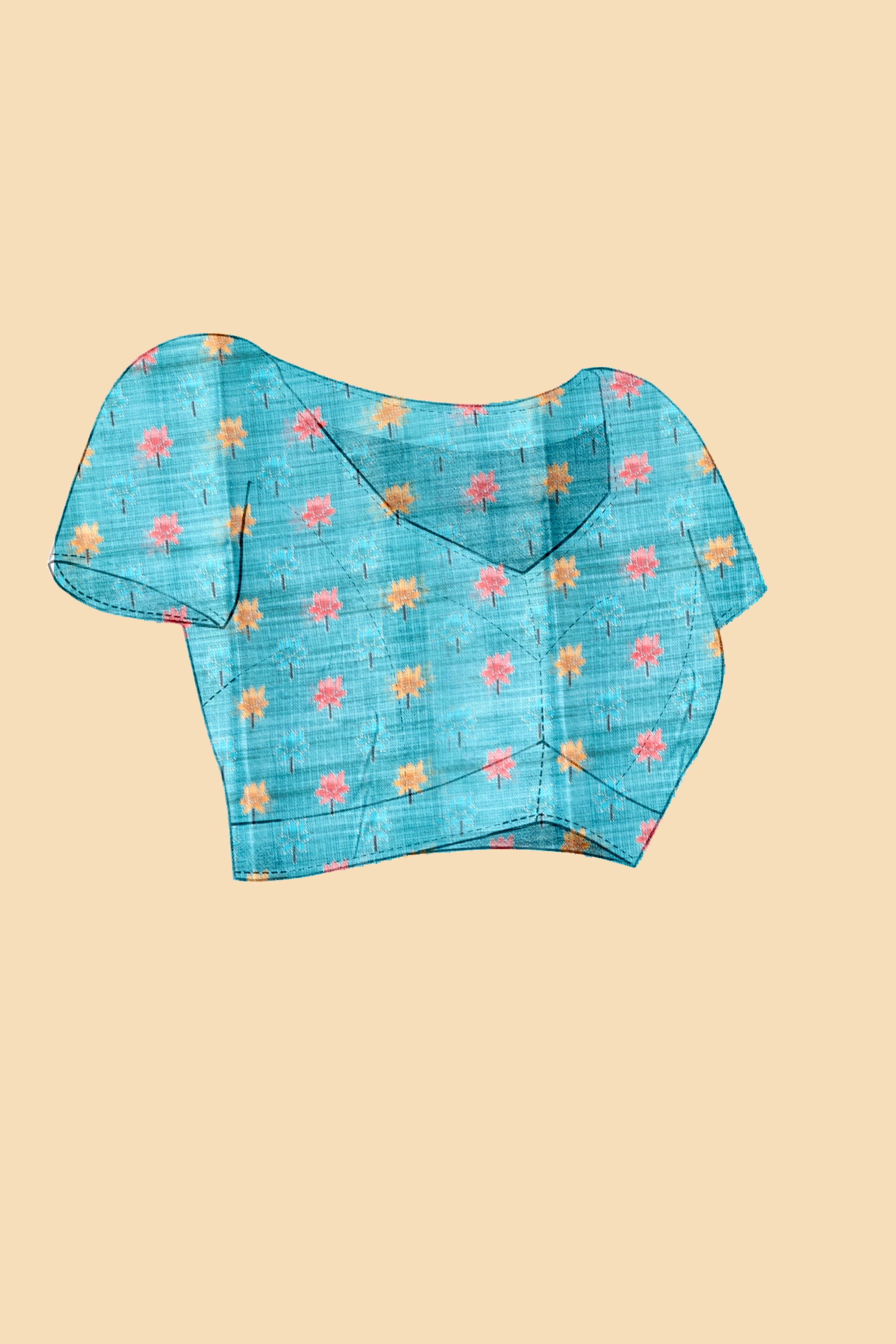 Teal Blue Soft Kota Silk Saree with Satin Border & Lotus Digital Prints