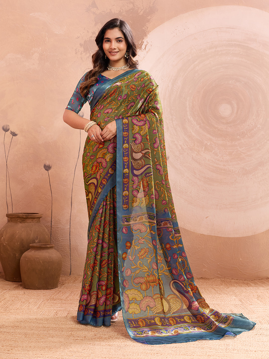 Olive Green Soft Fendy Silk Saree with Kalamkari Digital Prints