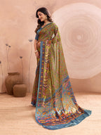 Olive Green Soft Fendy Silk Saree with Kalamkari Digital Prints
