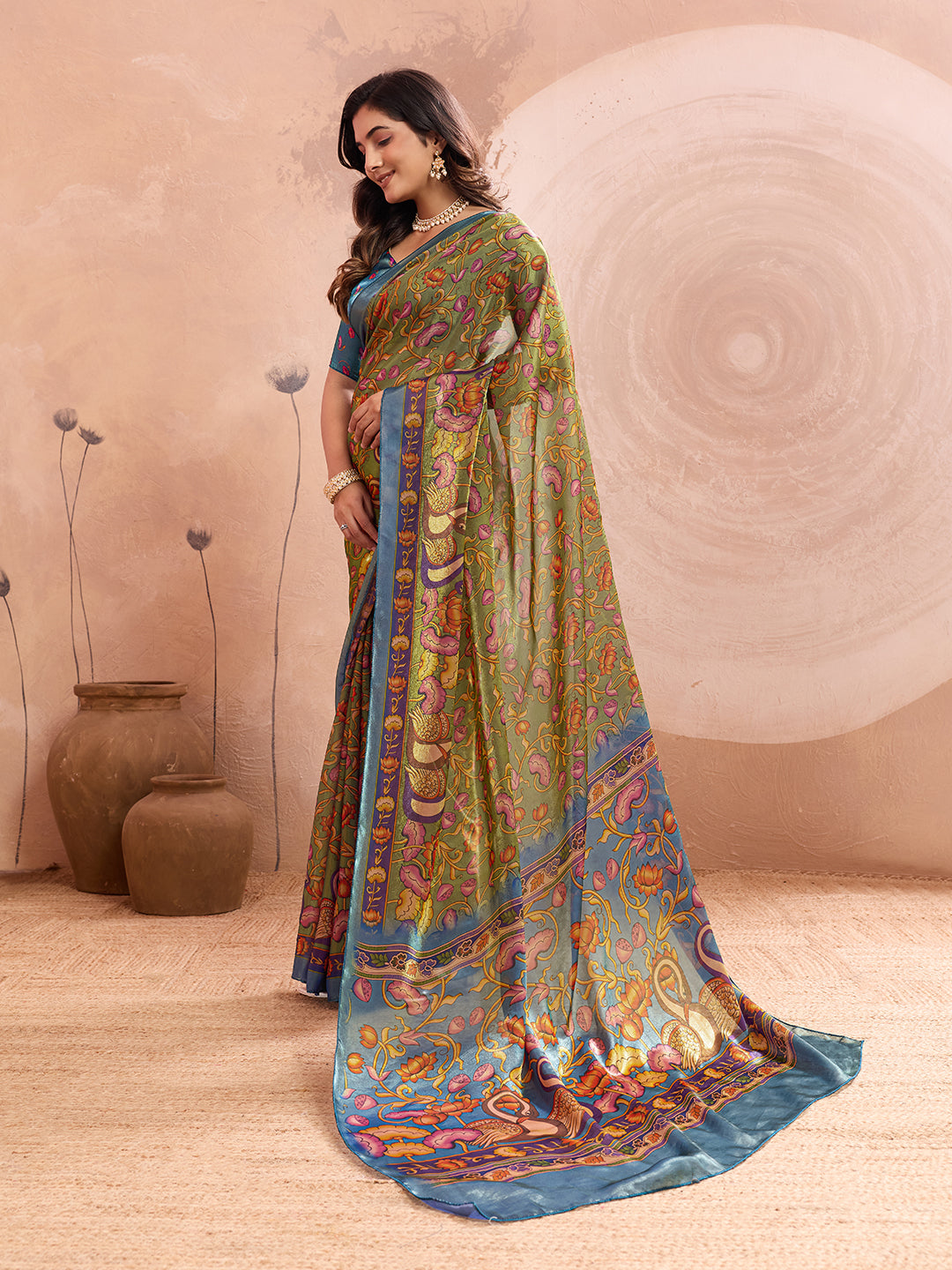 Olive Green Soft Fendy Silk Saree with Kalamkari Digital Prints