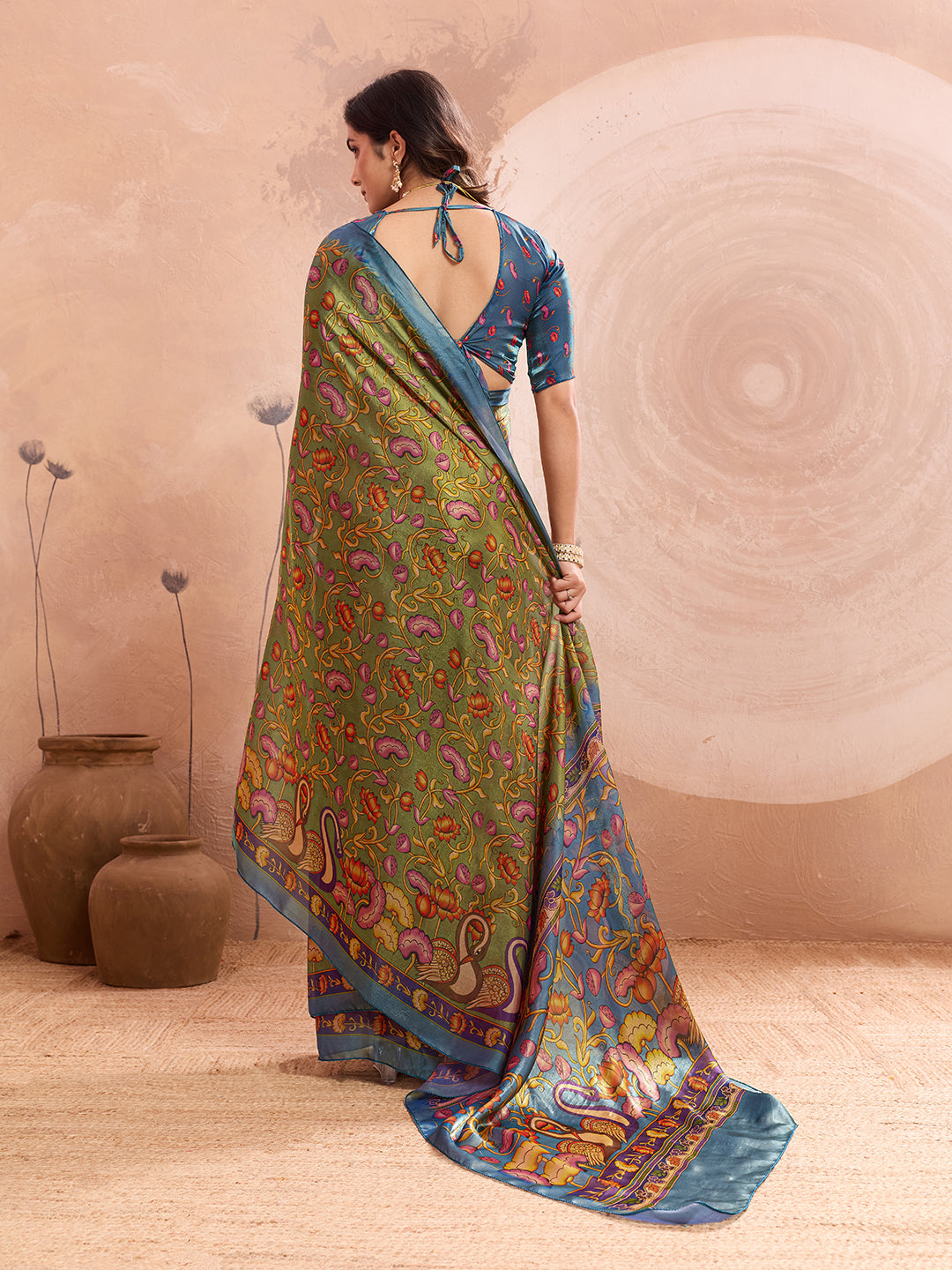 Olive Green Soft Fendy Silk Saree with Kalamkari Digital Prints