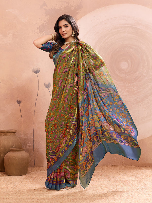 Olive Green Soft Fendy Silk Saree with Kalamkari Digital Prints