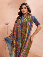 Olive Green Soft Fendy Silk Saree with Kalamkari Digital Prints