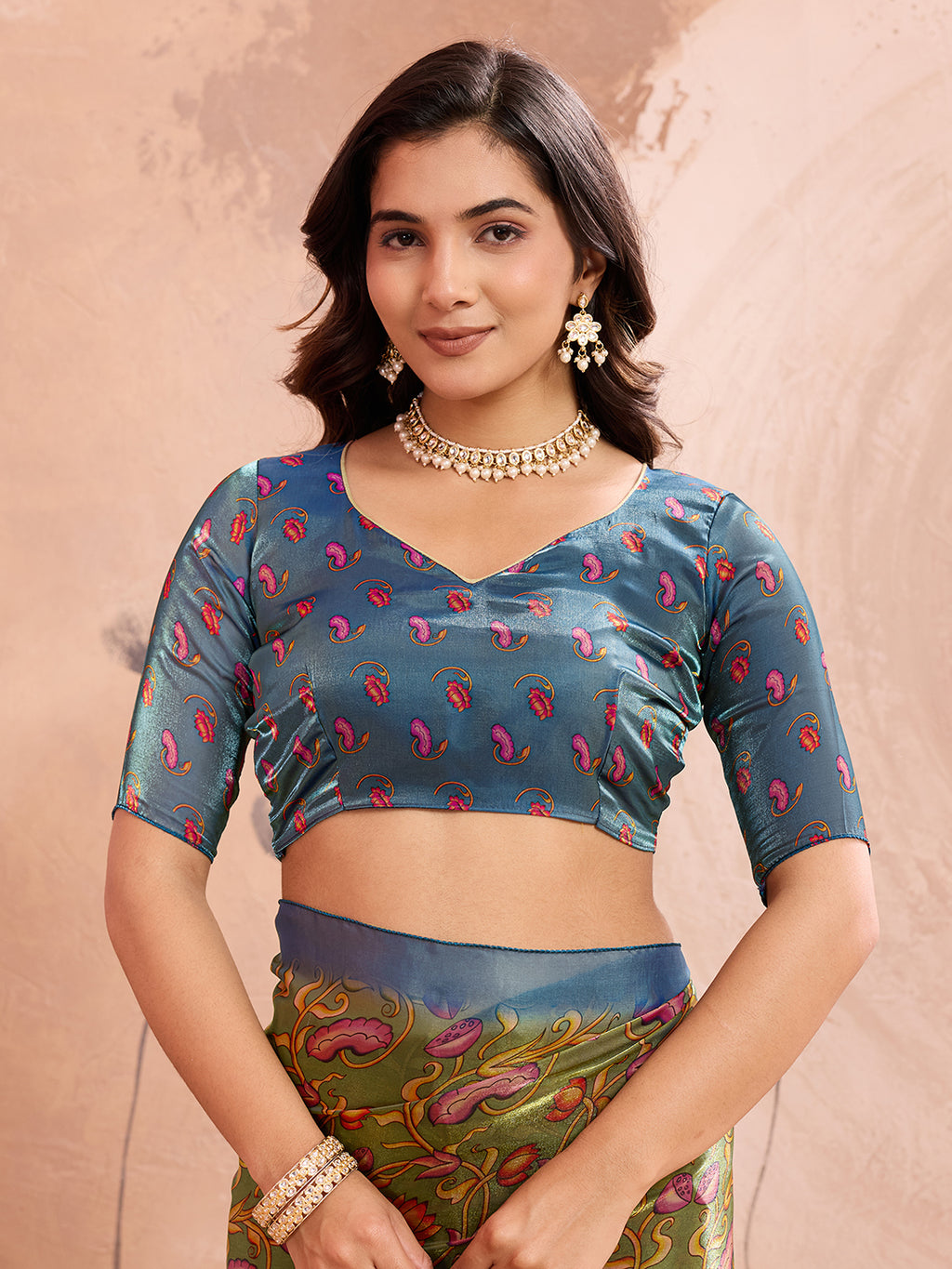 Olive Green Soft Fendy Silk Saree with Kalamkari Digital Prints