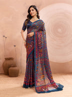 Teal Blue Soft Fendy Silk Saree with Kalamkari Digital Prints