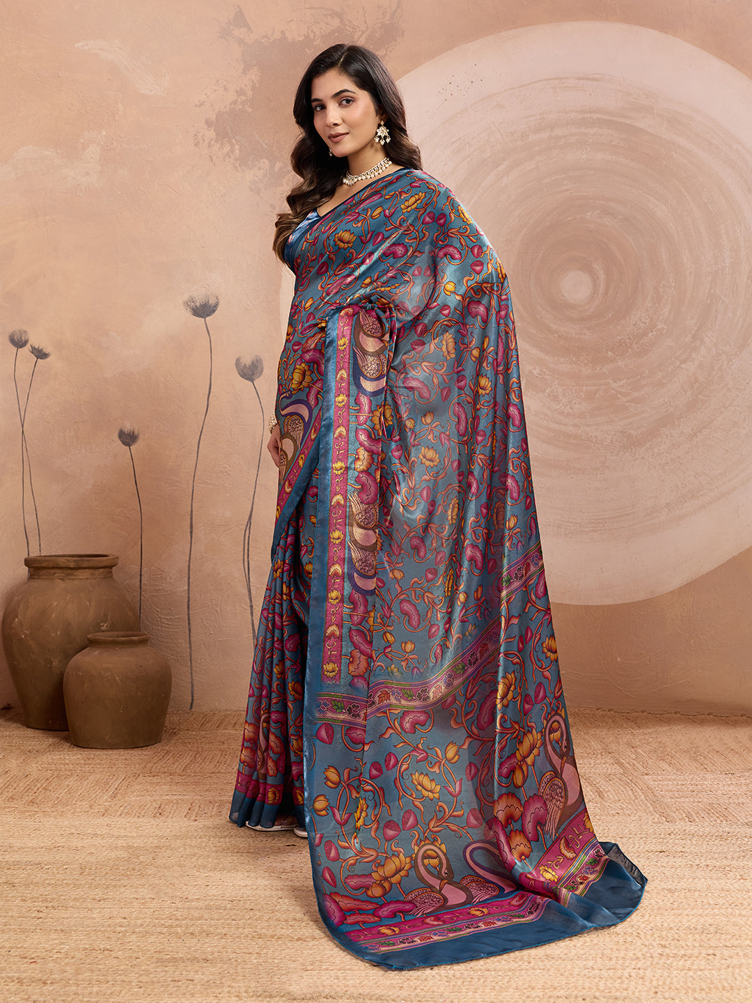 Teal Blue Soft Fendy Silk Saree with Kalamkari Digital Prints