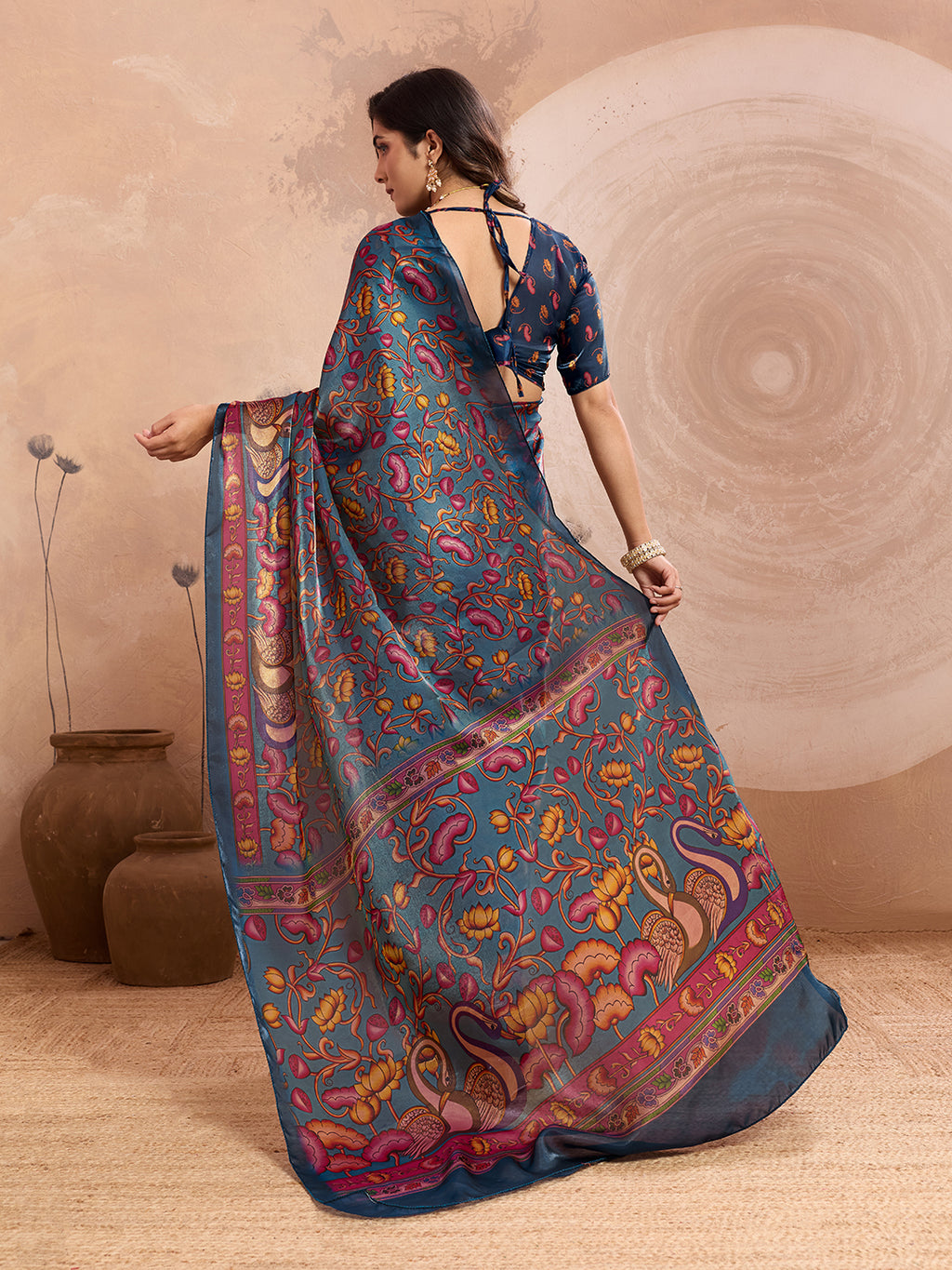 Teal Blue Soft Fendy Silk Saree with Kalamkari Digital Prints