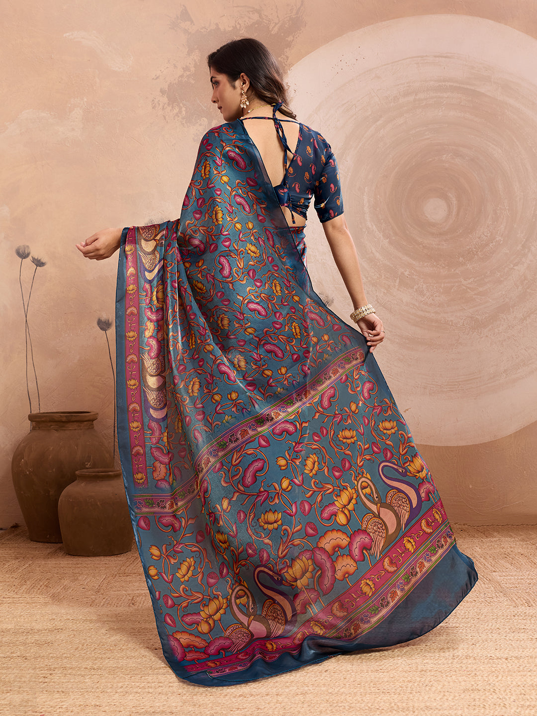Teal Blue Soft Fendy Silk Saree with Kalamkari Digital Prints