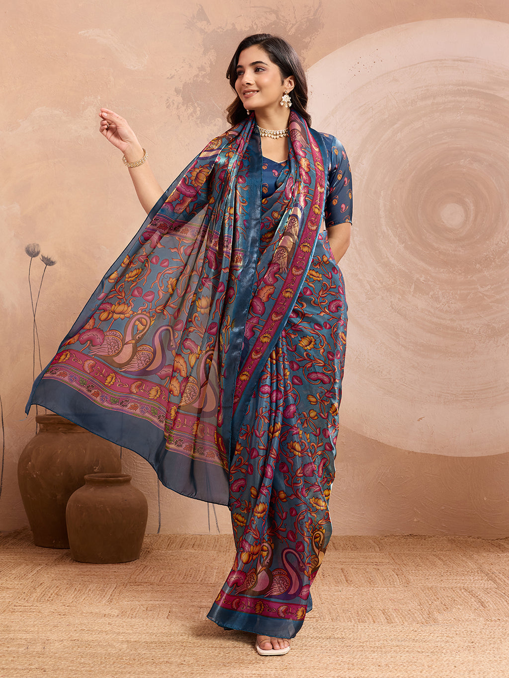 Teal Blue Soft Fendy Silk Saree with Kalamkari Digital Prints