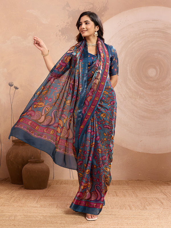 Teal Blue Soft Fendy Silk Saree with Kalamkari Digital Prints