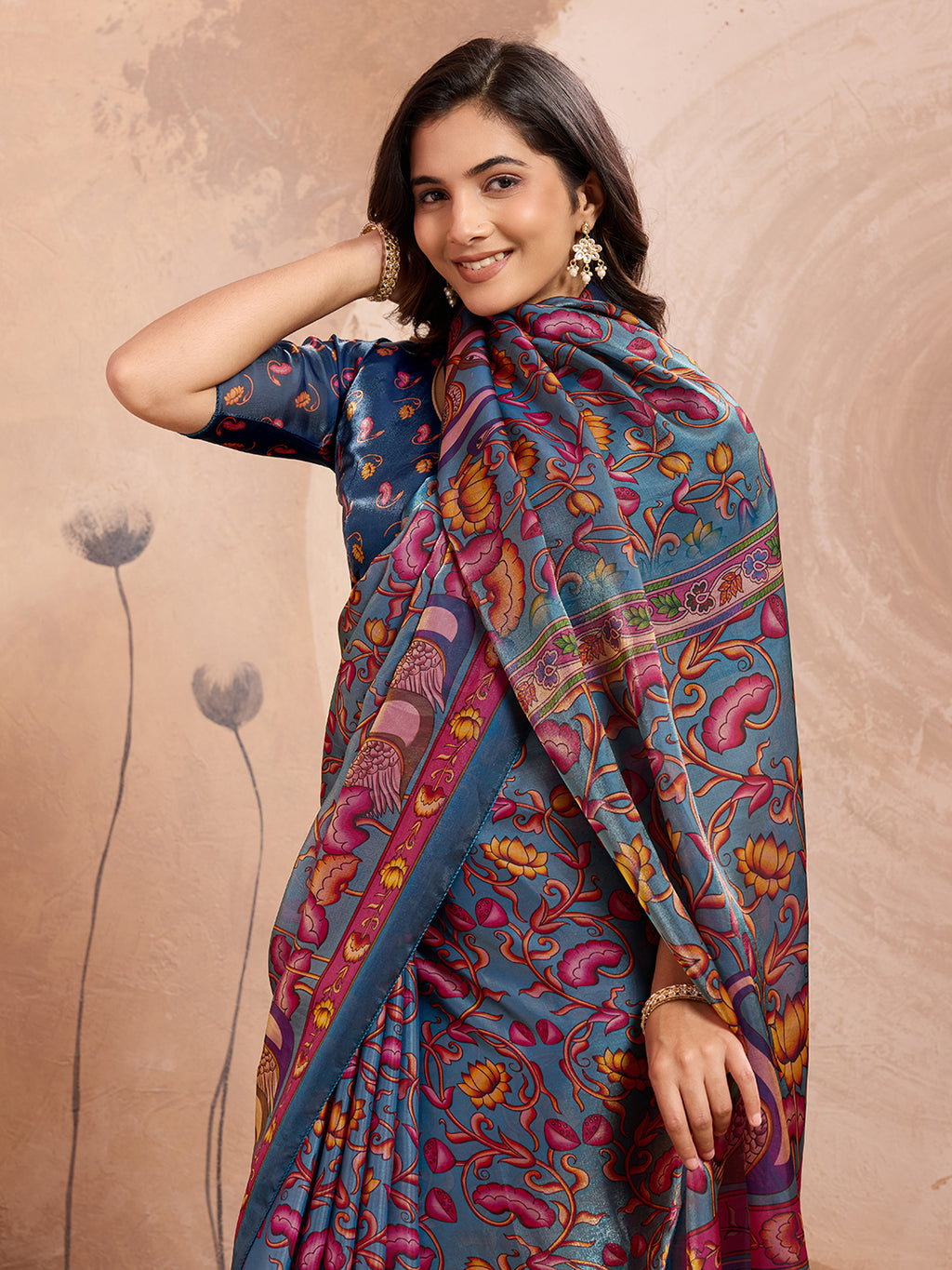 Teal Blue Soft Fendy Silk Saree with Kalamkari Digital Prints