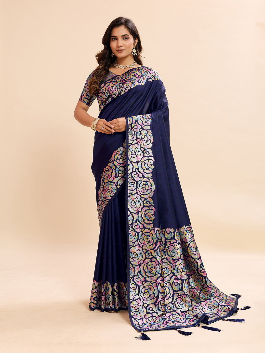 Navy Blue Soft Banarasi Silk Saree