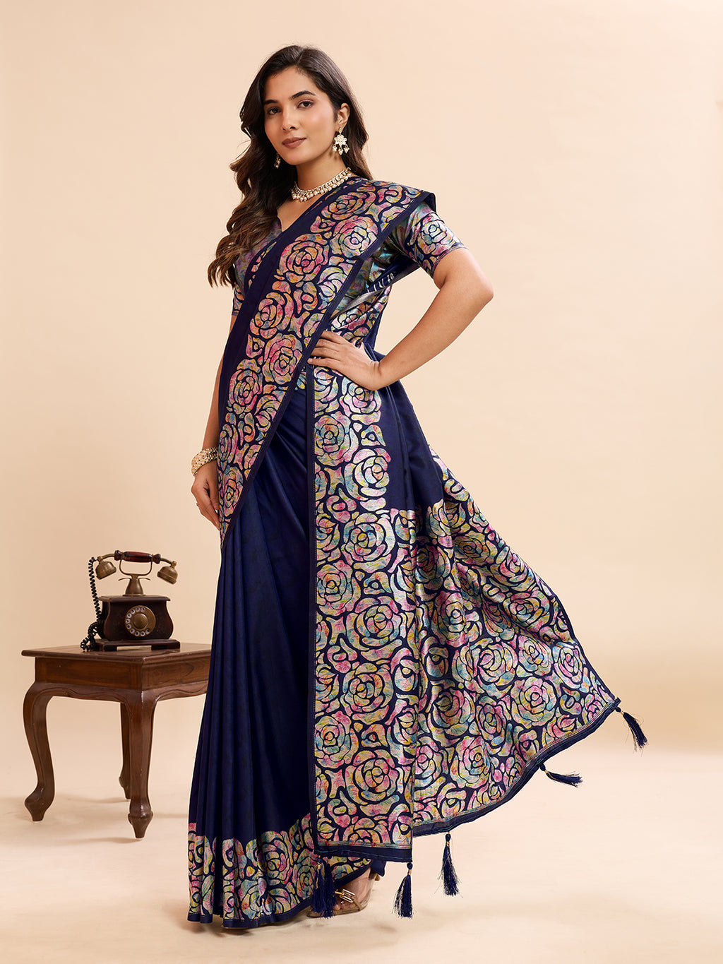 Navy Blue Soft Banarasi Silk Saree