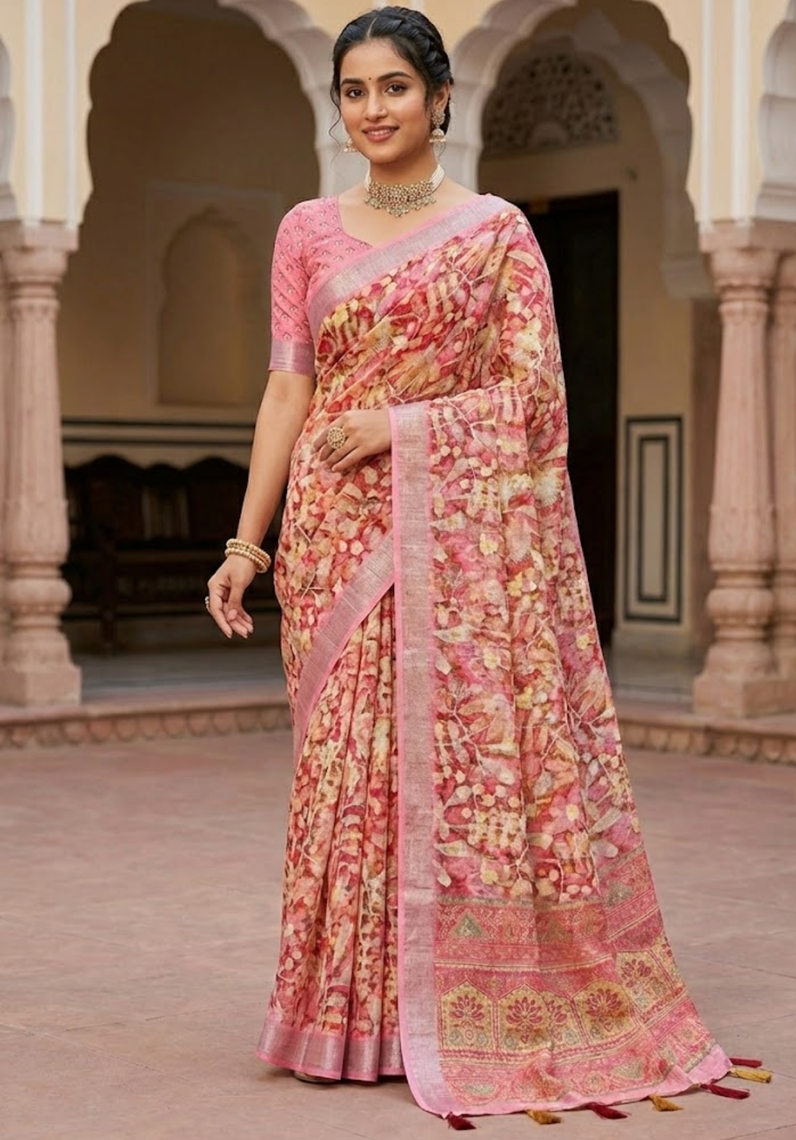 Linen Cotton Saree with Floral Digital Prints
