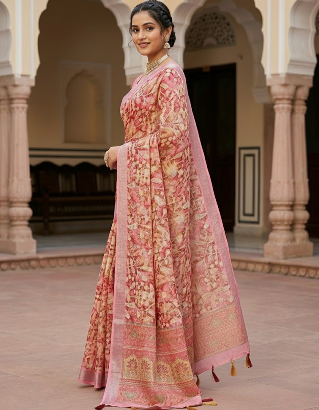 Linen Cotton Saree with Floral Digital Prints