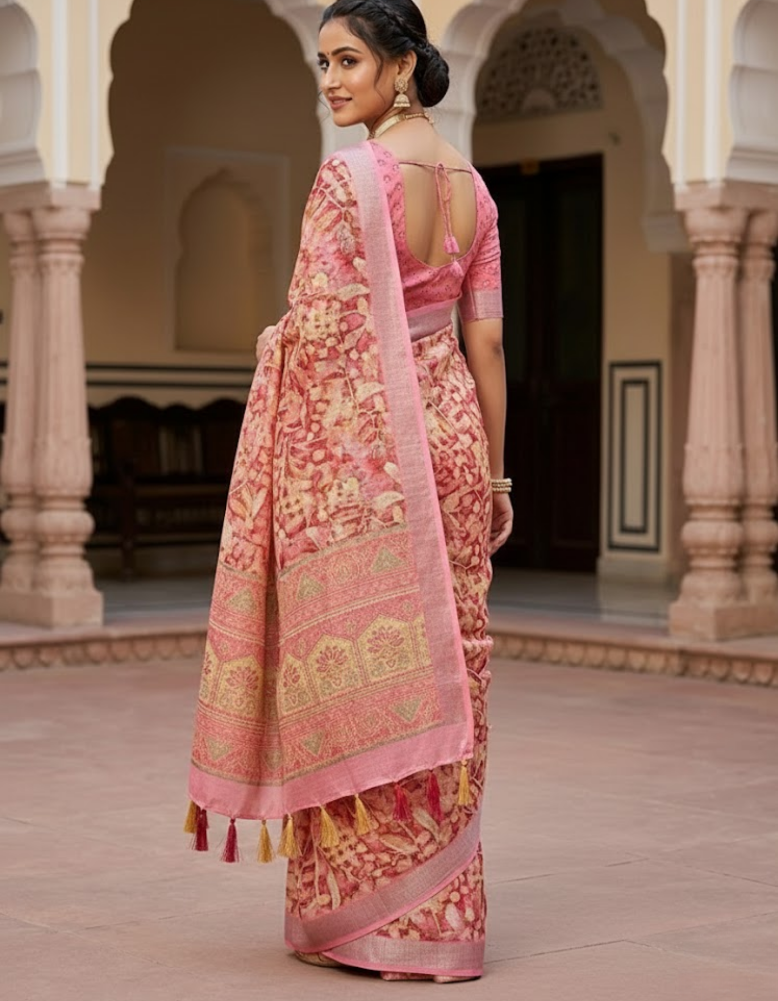 Linen Cotton Saree with Floral Digital Prints