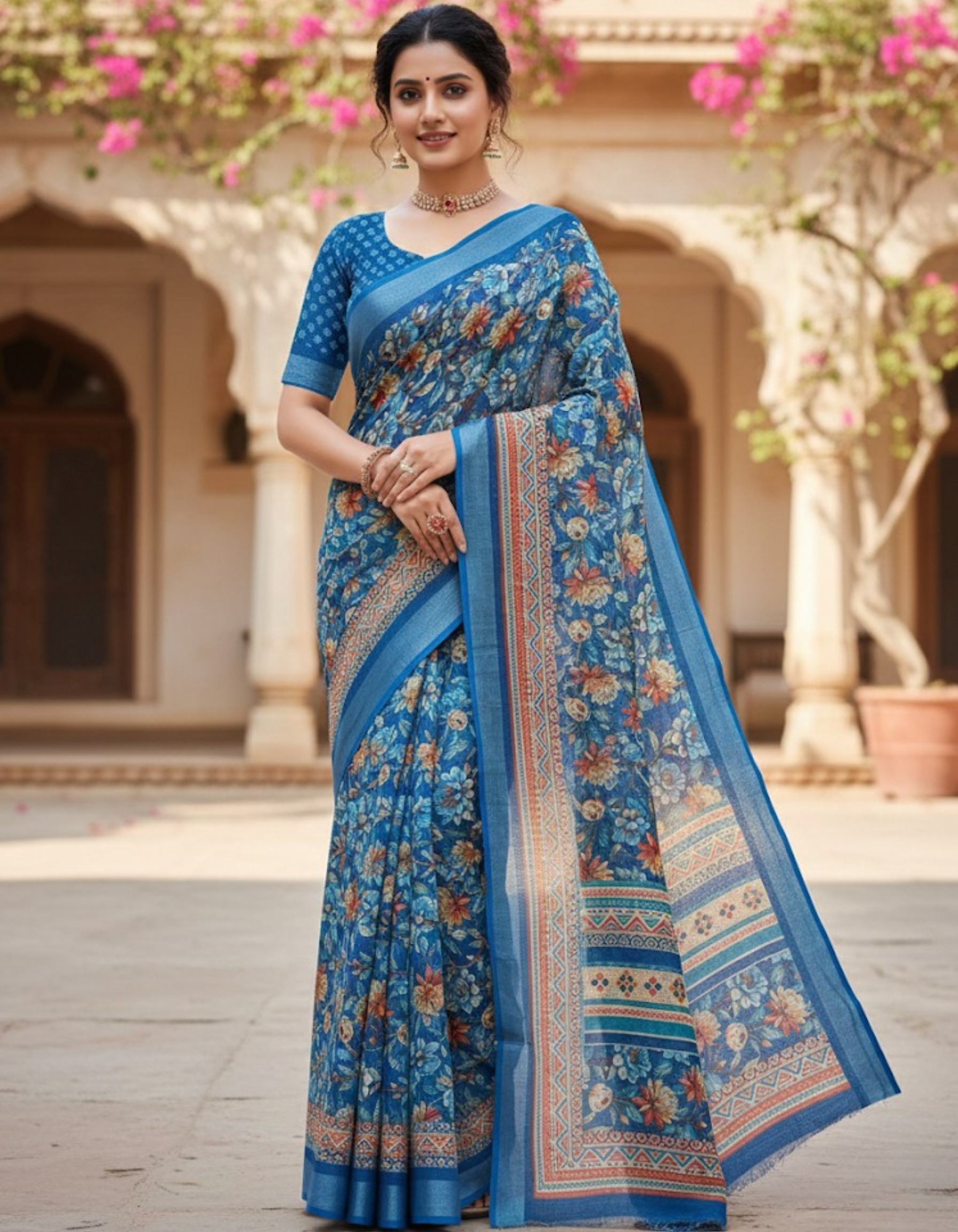 Linen Cotton Saree with Floral Digital Prints