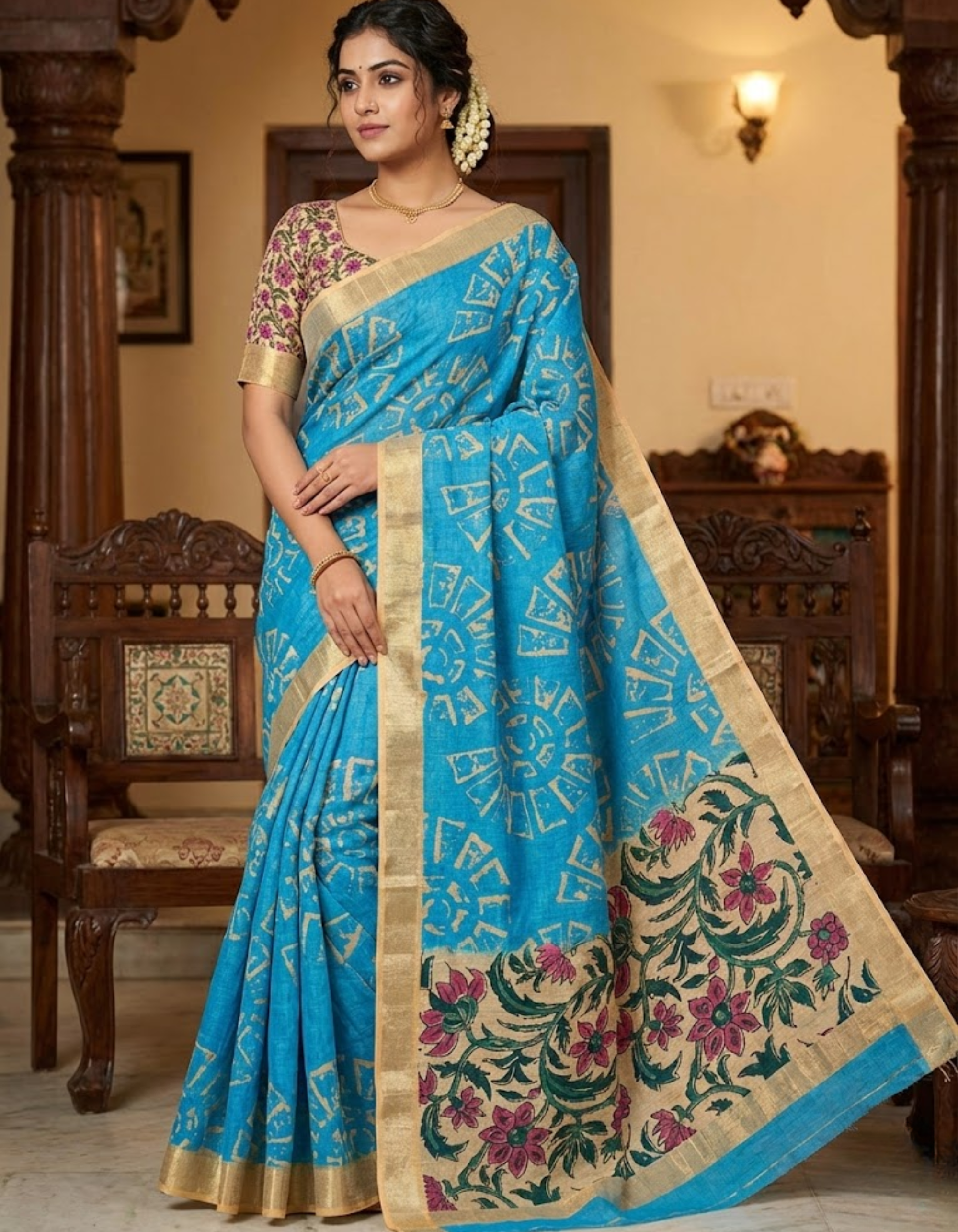 Blue Linen Cotton Saree with Silver Zari Border, Graphic Digital Print Body & Kalamkari Floral Pallu