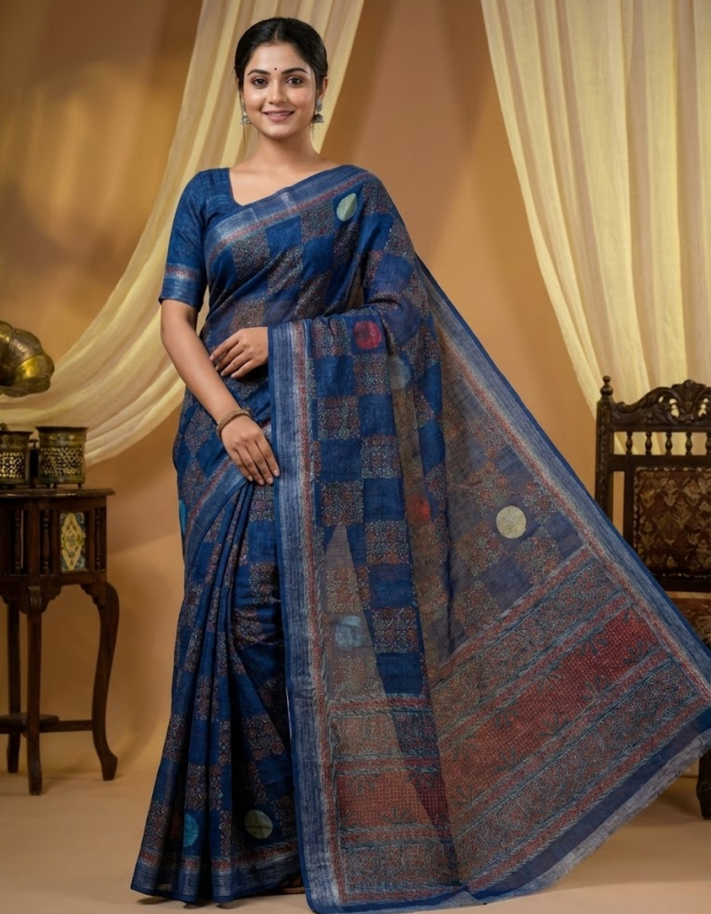 Soft Linen Cotton Saree with Ajrakh Digital Prints