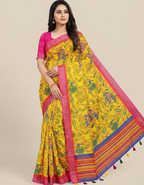 Linen Cotton Saree with Zari Weave Border & Pichwai Kalamkari Digital Prints