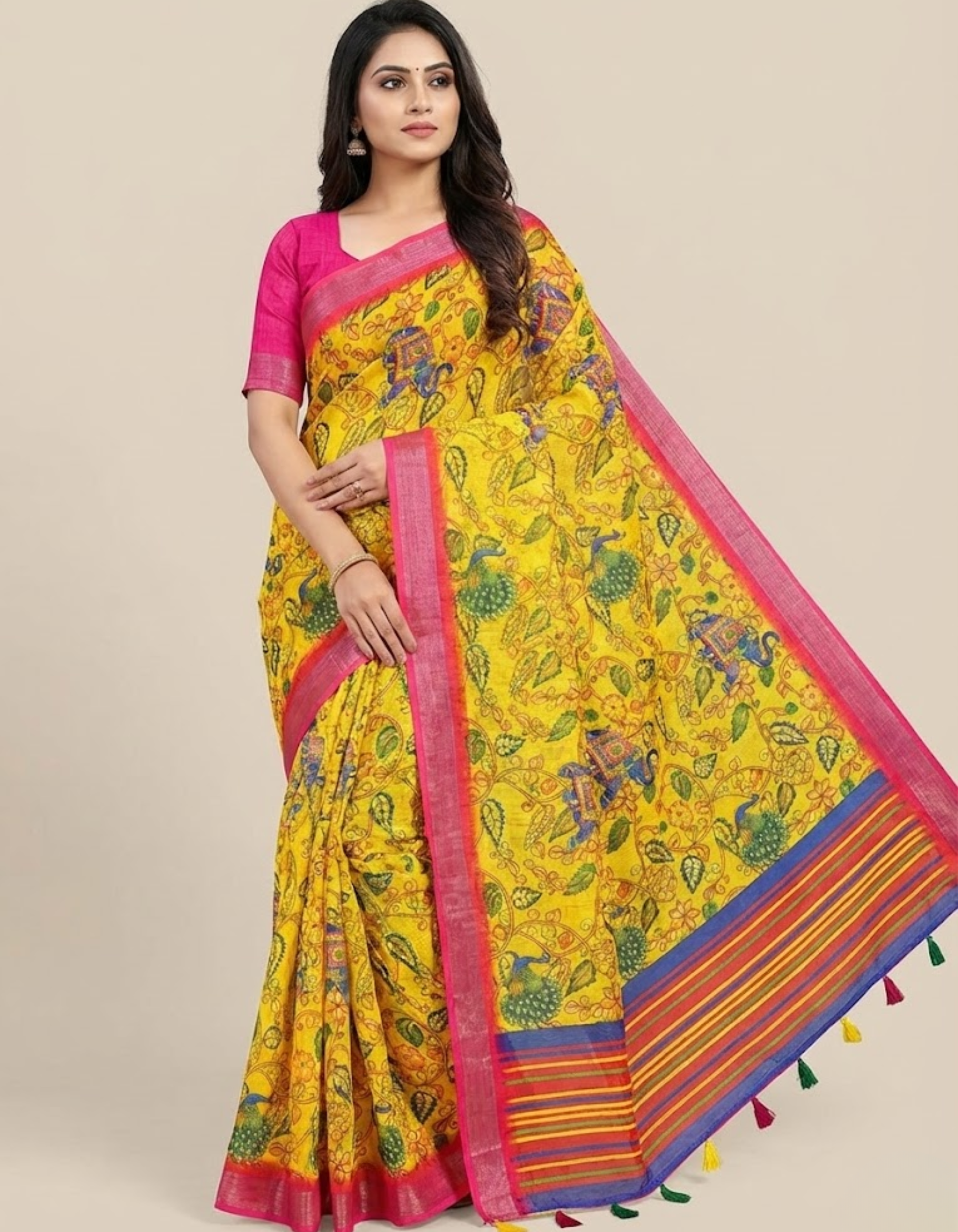 Linen Cotton Saree with Zari Weave Border & Pichwai Kalamkari Digital Prints