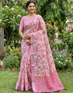 Multicolor Linen Cotton Saree with Floral Digital Prints