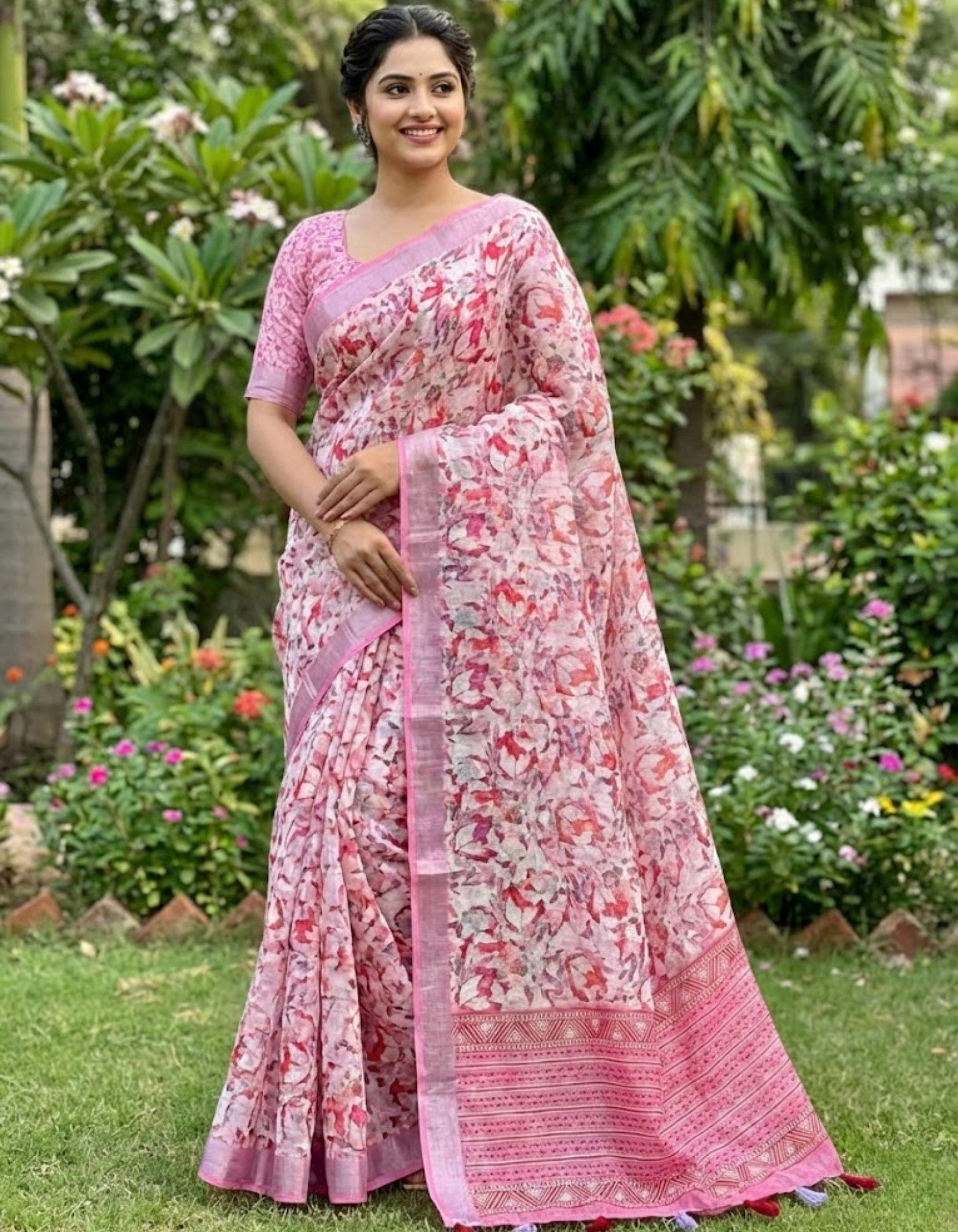 Multicolor Linen Cotton Saree with Floral Digital Prints