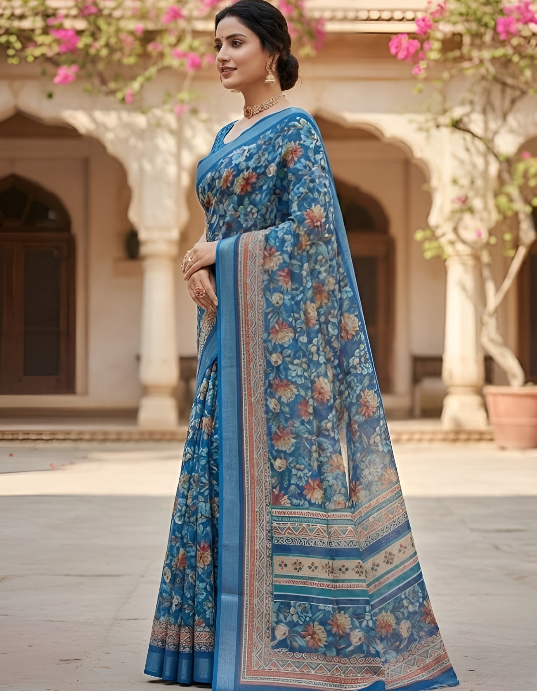 Linen Cotton Saree with Floral Digital Prints