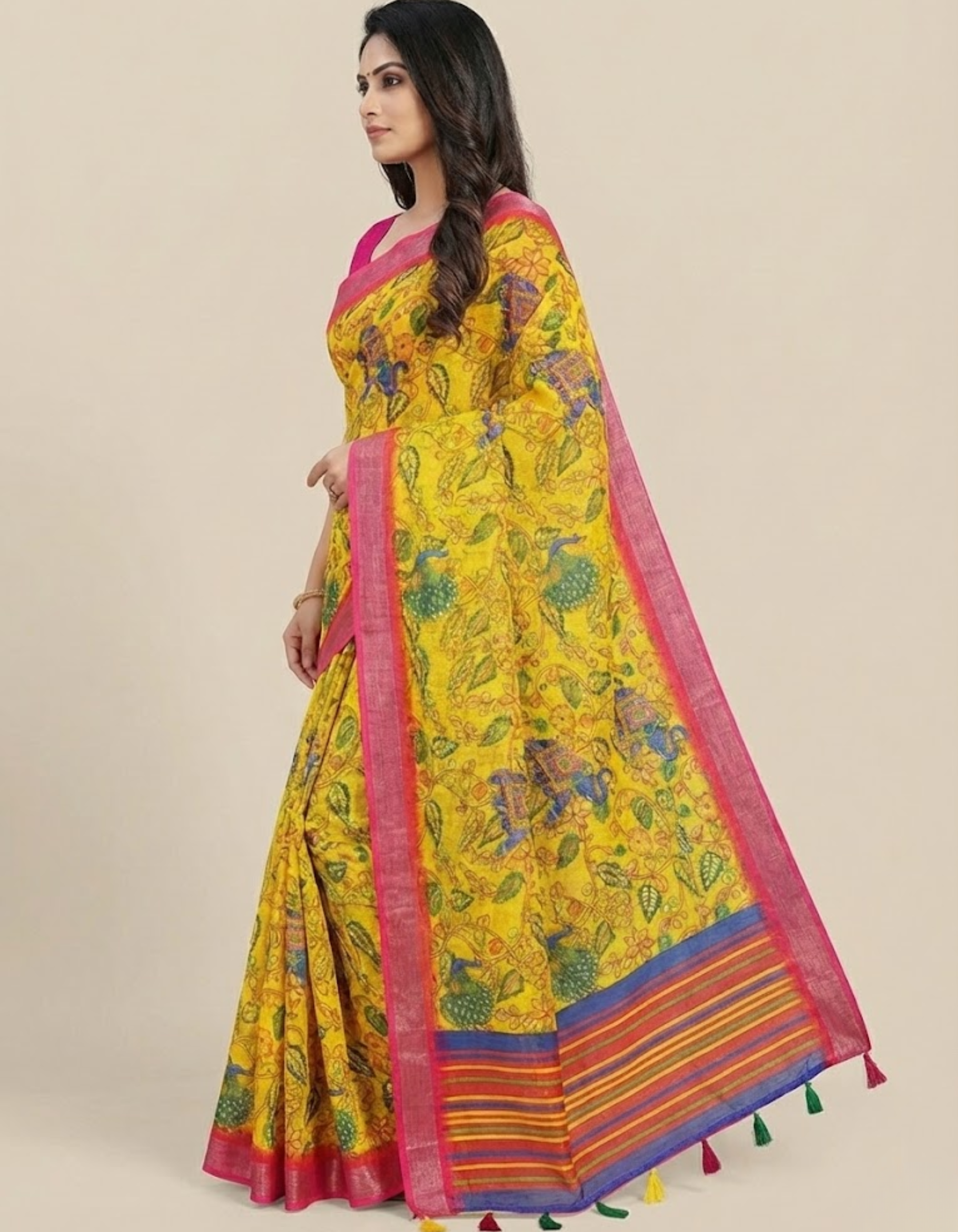 Linen Cotton Saree with Zari Weave Border & Pichwai Kalamkari Digital Prints