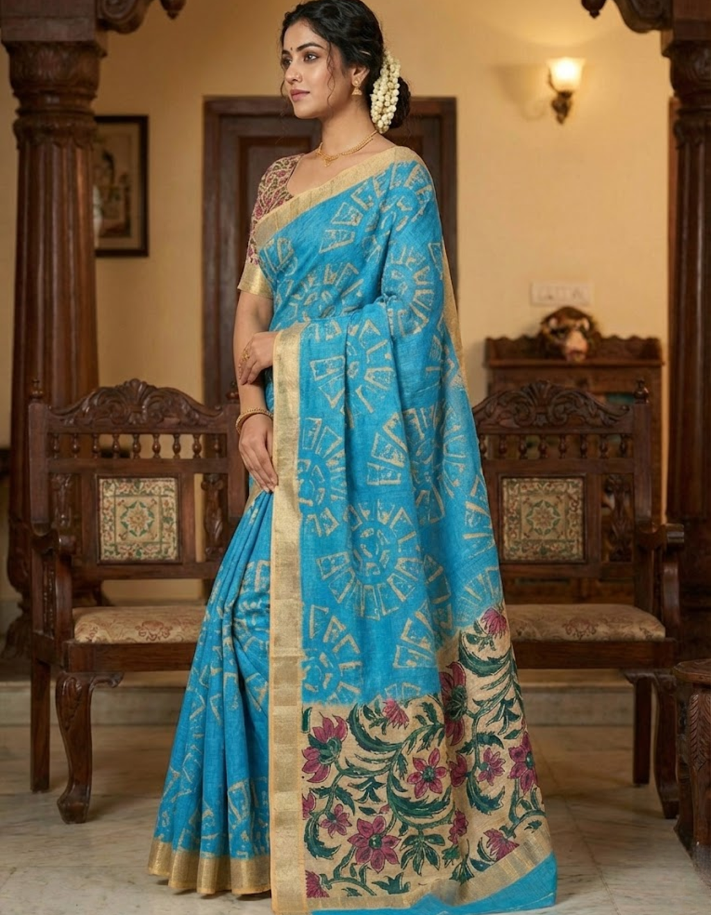 Blue Linen Cotton Saree with Silver Zari Border, Graphic Digital Print Body & Kalamkari Floral Pallu