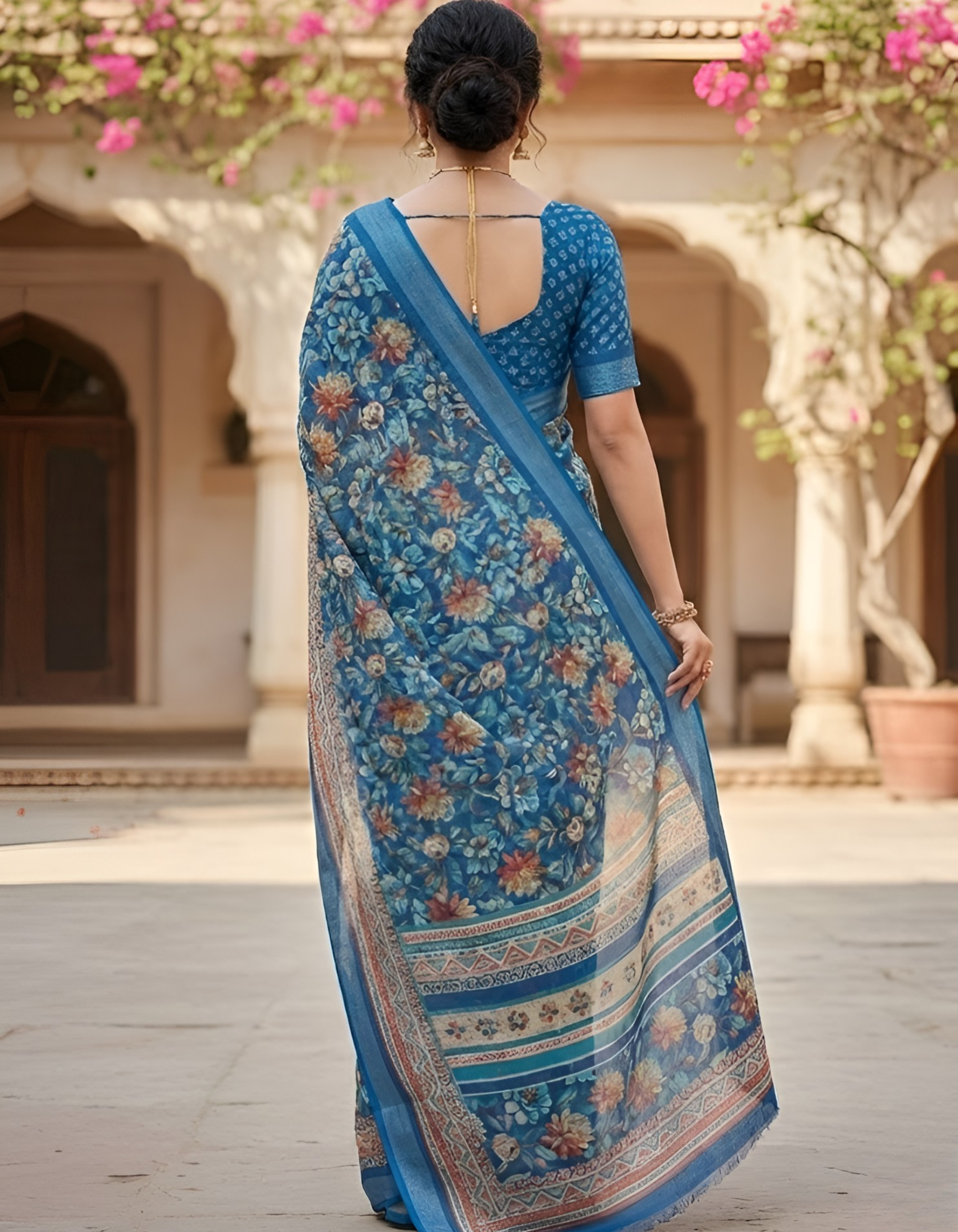Linen Cotton Saree with Floral Digital Prints