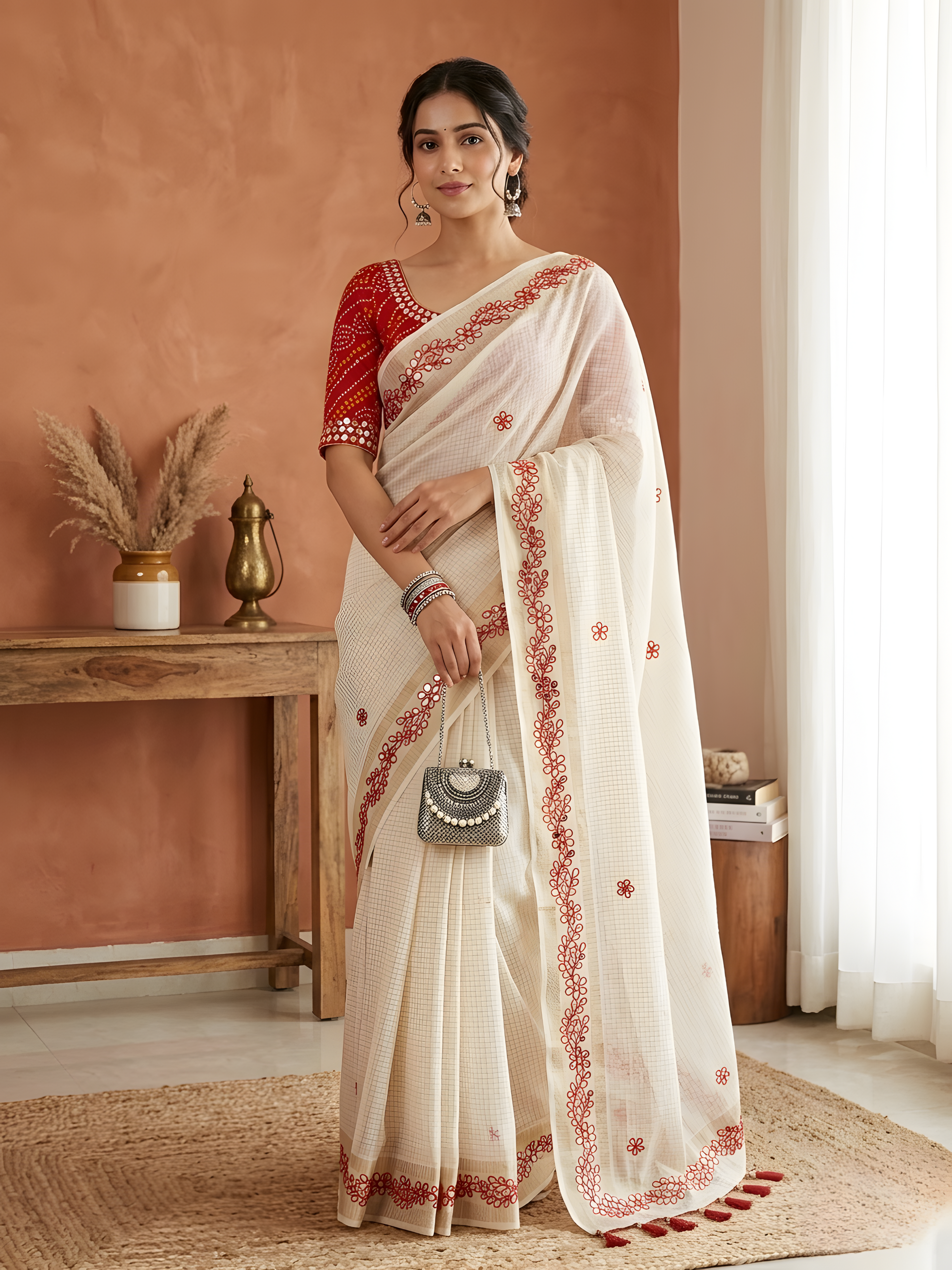 Ruhaniya Tussar Silk Saree – Cream Red Gotta Patti & Zari Bentex Border Work
