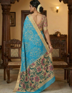 Blue Linen Cotton Saree with Silver Zari Border, Graphic Digital Print Body & Kalamkari Floral Pallu