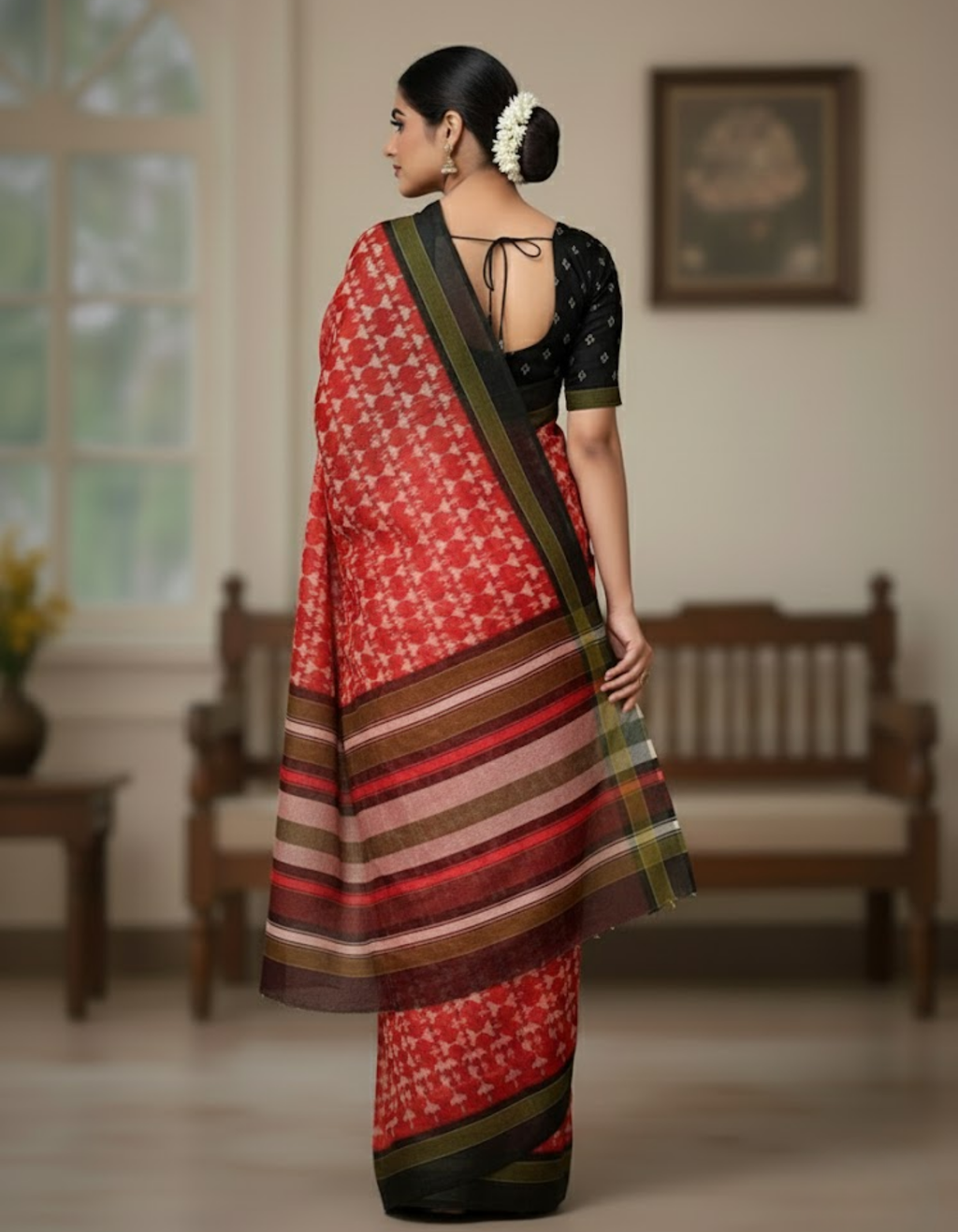 Soft Linen Cotton Saree with Ikkat Digital Prints & Silver Zari Border