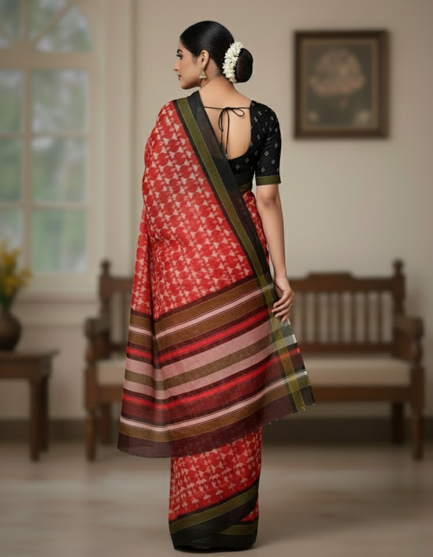Soft Linen Cotton Saree with Ikkat Digital Prints & Silver Zari Border