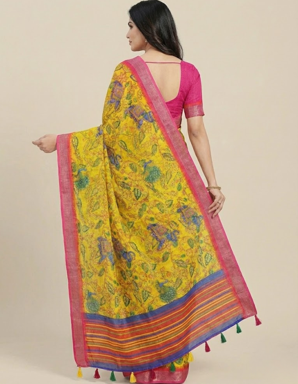 Linen Cotton Saree with Zari Weave Border & Pichwai Kalamkari Digital Prints