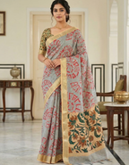 Grey Linen Cotton Saree with Silver Zari Border, Graphic Digital Print Body & Kalamkari Floral Pallu