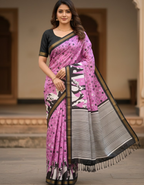 Lilac Soft Mal Cotton Saree with Golden Zari Border & Dog Digital Prints