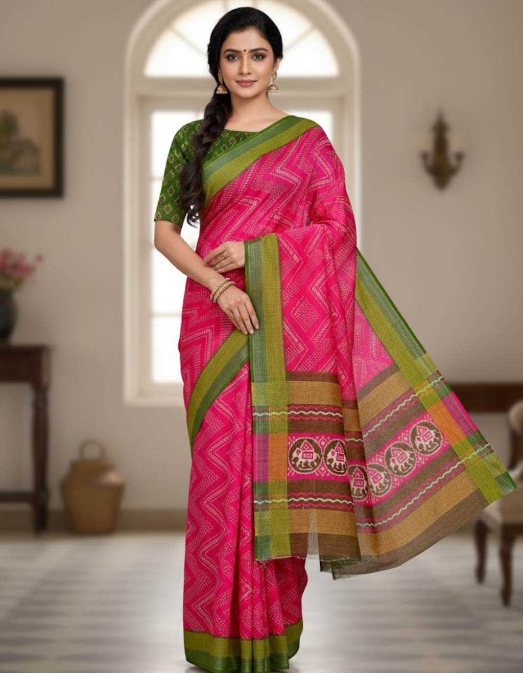 Soft Linen Cotton Saree with Ikkat Digital Prints & Silver Zari Border