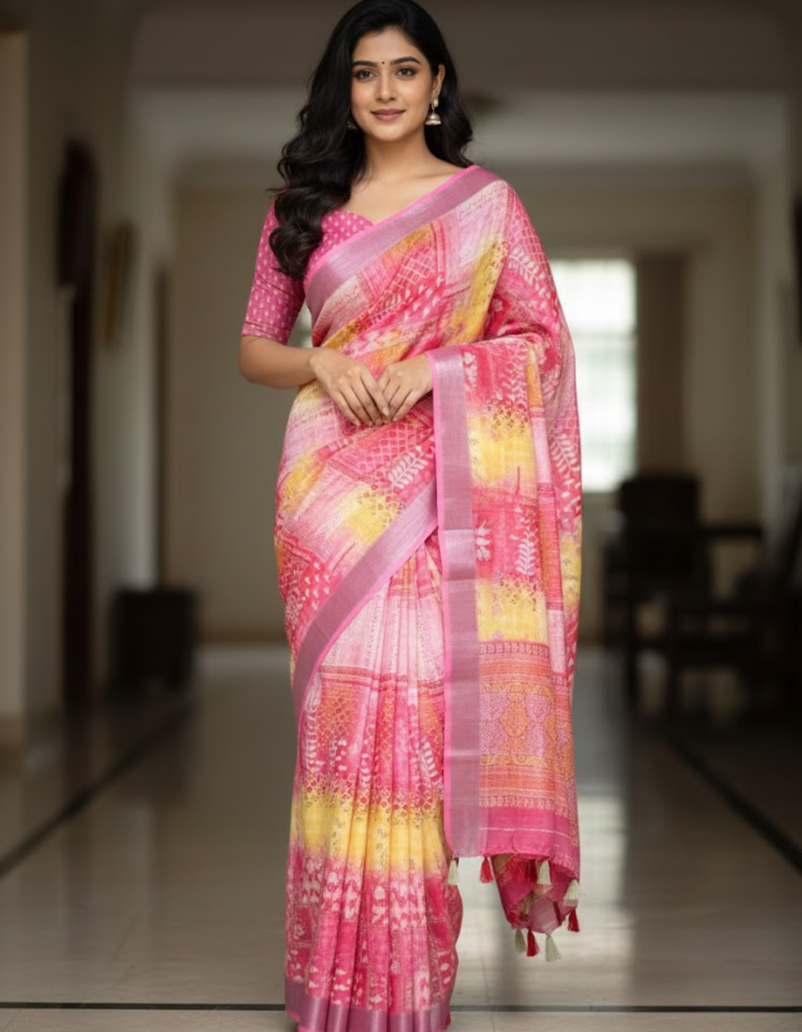 Multicolor Linen Cotton Saree with Floral Digital Prints