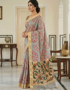 Grey Linen Cotton Saree with Silver Zari Border, Graphic Digital Print Body & Kalamkari Floral Pallu